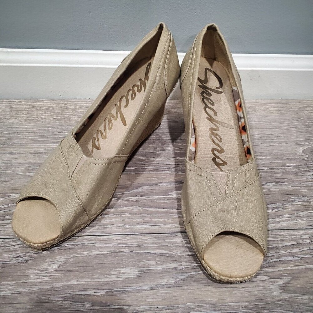 Skechers Women's Classic Tan Espadrille Slip On Peep Toe Wedge Sandal Sz 10